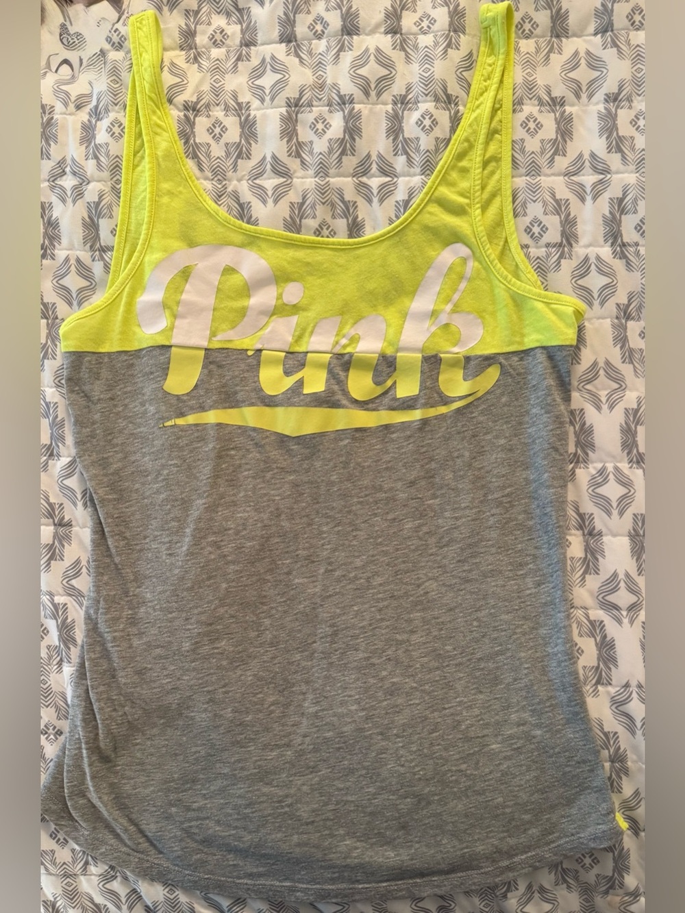 Victoria's Secret PINK Neon Yellow and Gray Scoop Tank